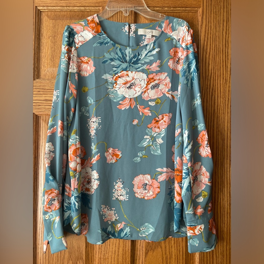 LOFT LONG SLEEVE BLUE AND ORANGE FLORAL PRINT BLOUSE TOP SIZE SMALL